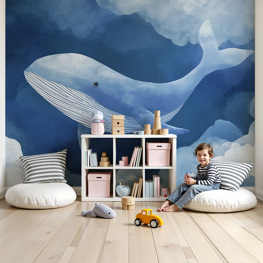 Papel de parede quarto bebê | Balena măiastră înotând printre nori