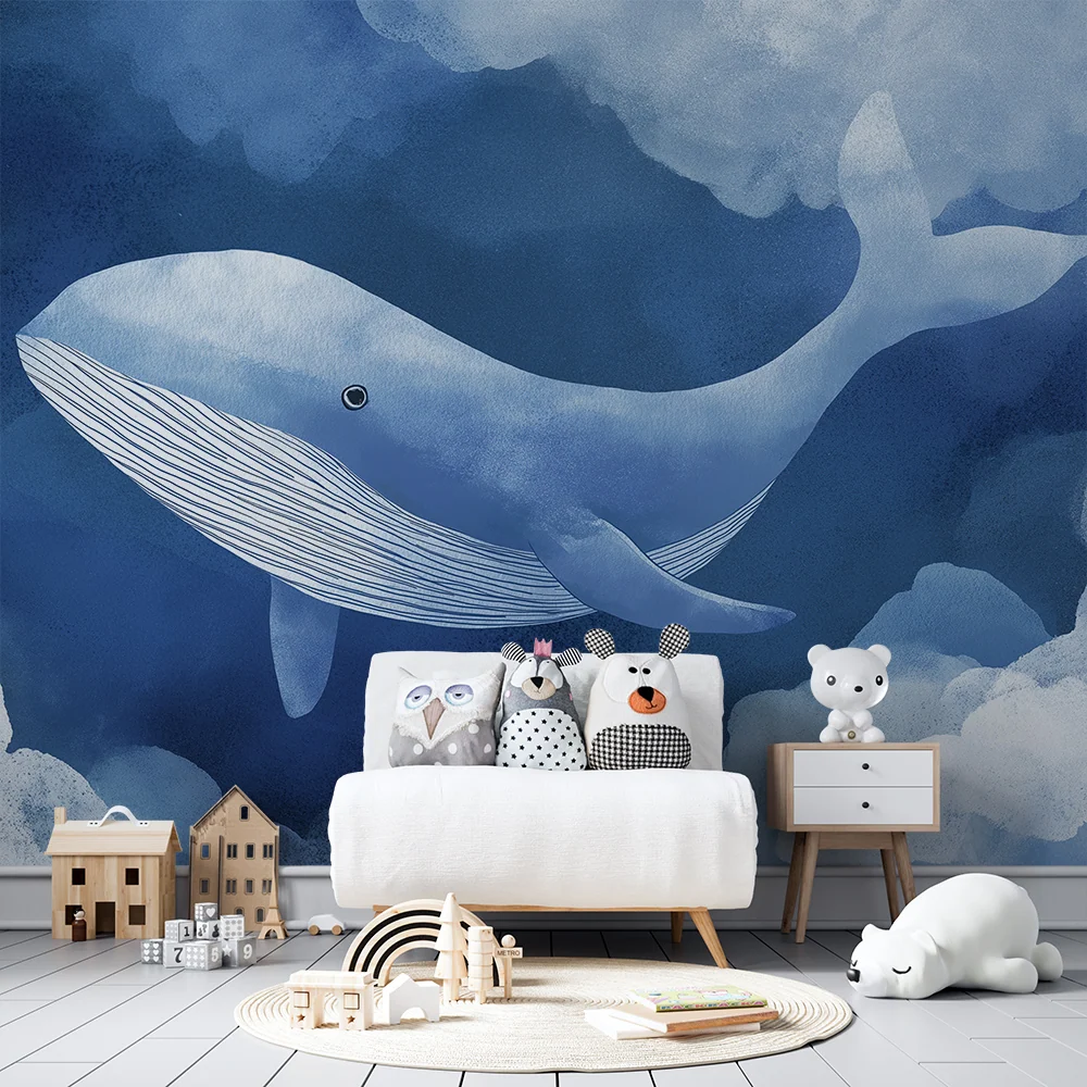 Papel de parede quarto bebê | Balena măiastră înotând printre nori