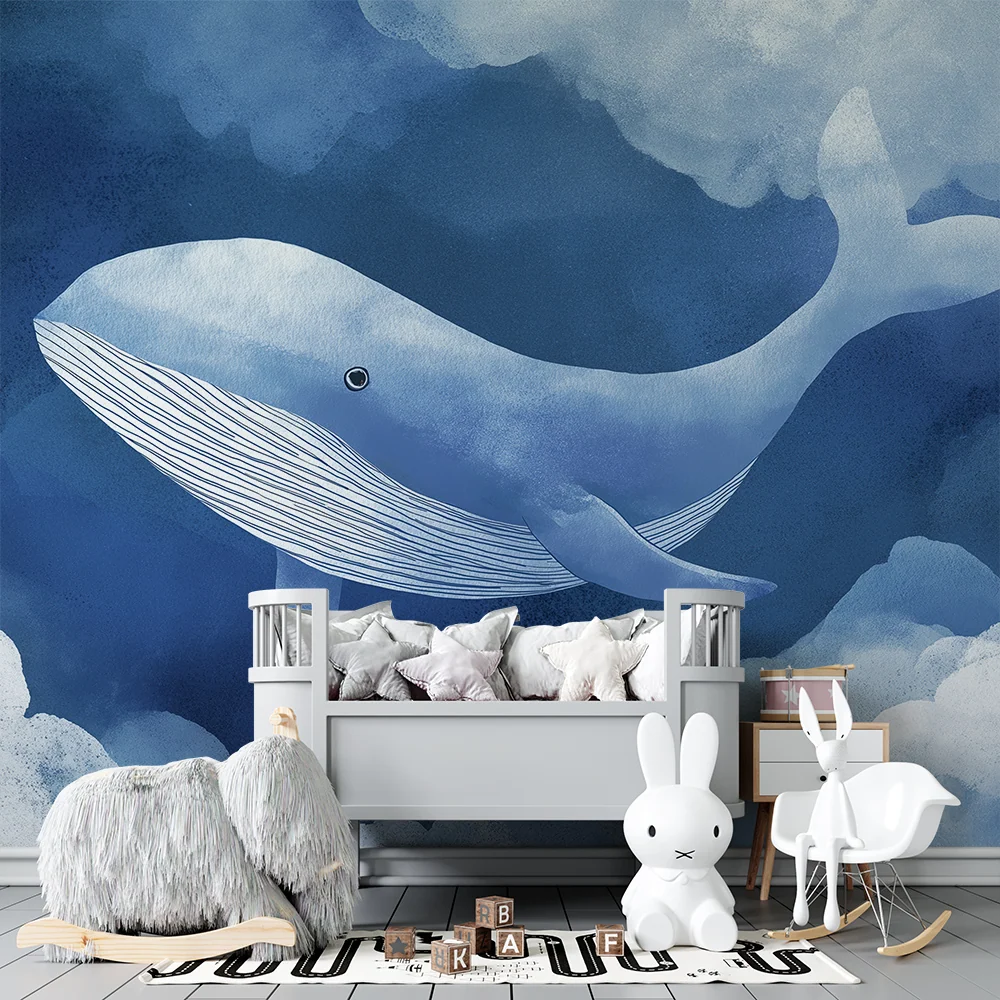 Papel de parede quarto bebê | Balena măiastră înotând printre nori