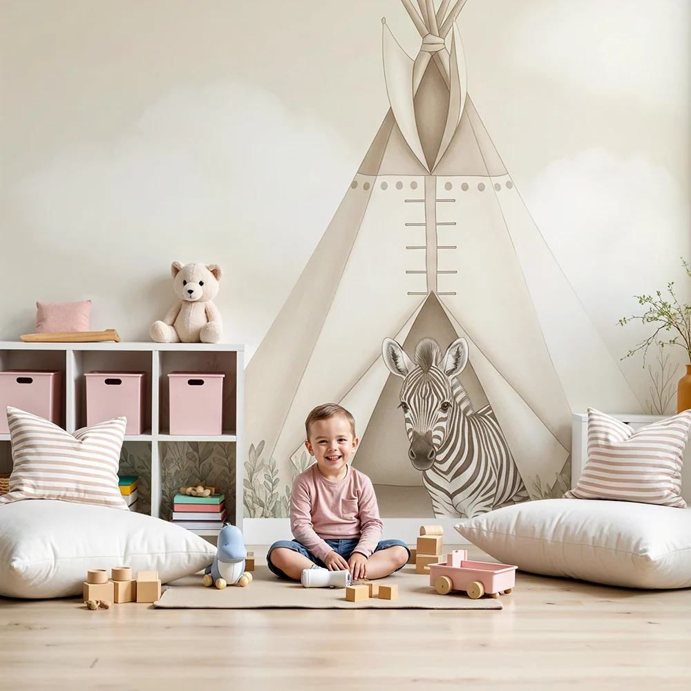 Papel de parede quarto bebê | Cortina e zebra na natureza