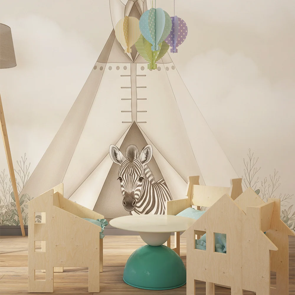 Papel de parede quarto bebê | Cortina e zebra na natureza