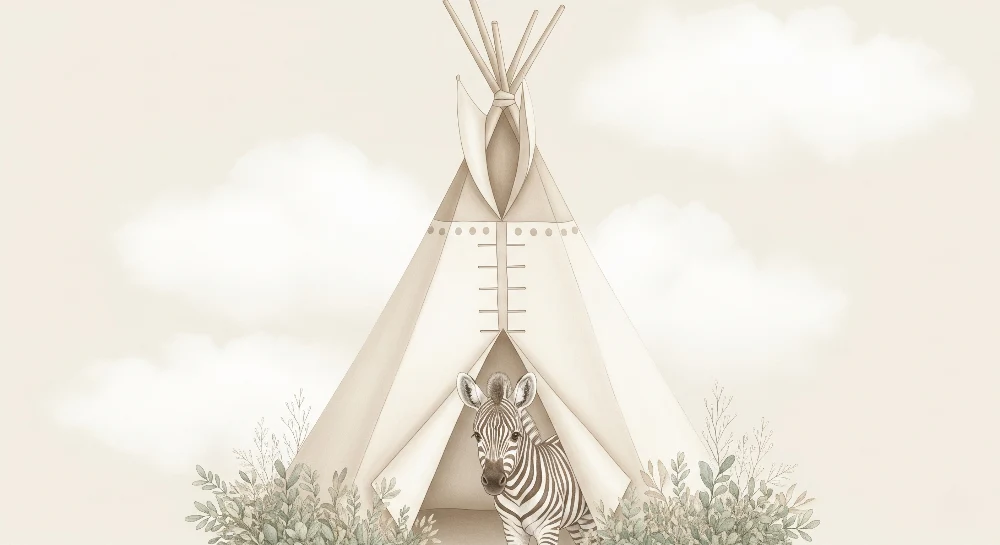 Papel de parede quarto bebê | Cortina e zebra na natureza