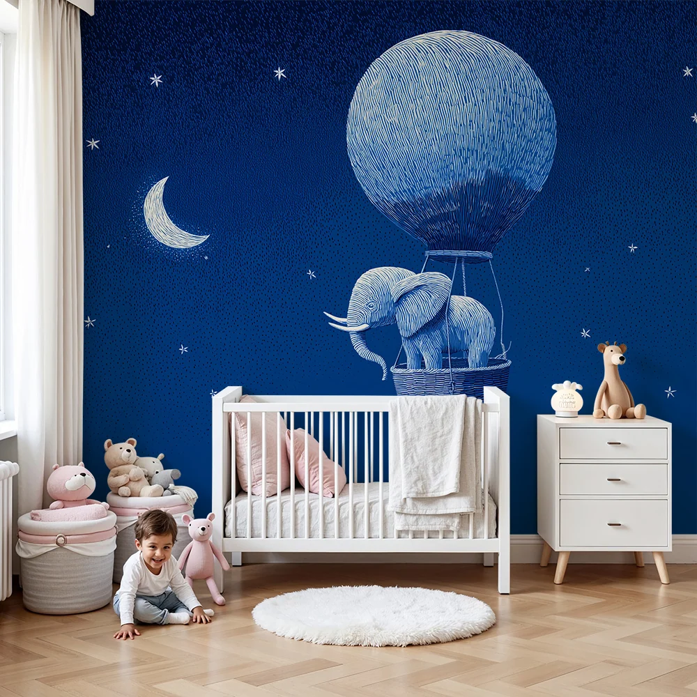 Papel de parede quarto bebê | Elefant într-un balon dirijabil sub un cer înstelat