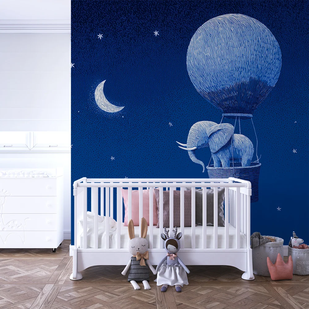 Papel de parede quarto bebê | Elefant într-un balon dirijabil sub un cer înstelat