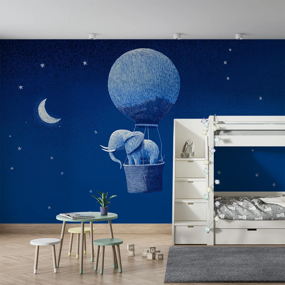 Papel de parede quarto bebê | Elefant într-un balon dirijabil sub un cer înstelat