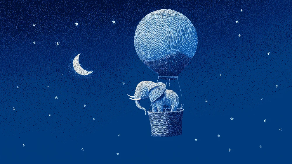 Papel de parede quarto bebê | Elefant într-un balon dirijabil sub un cer înstelat