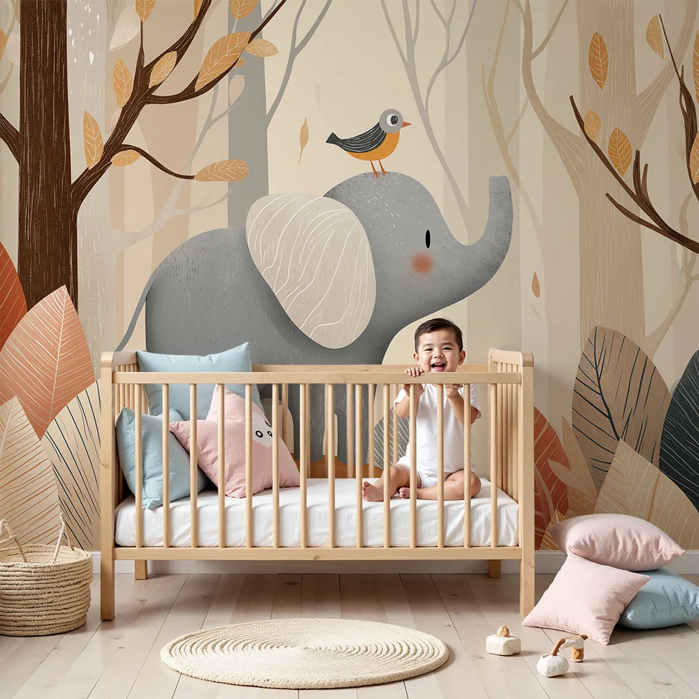 Papel de parede quarto bebê | Elefante elegante e pássaro em uma floresta tranquila