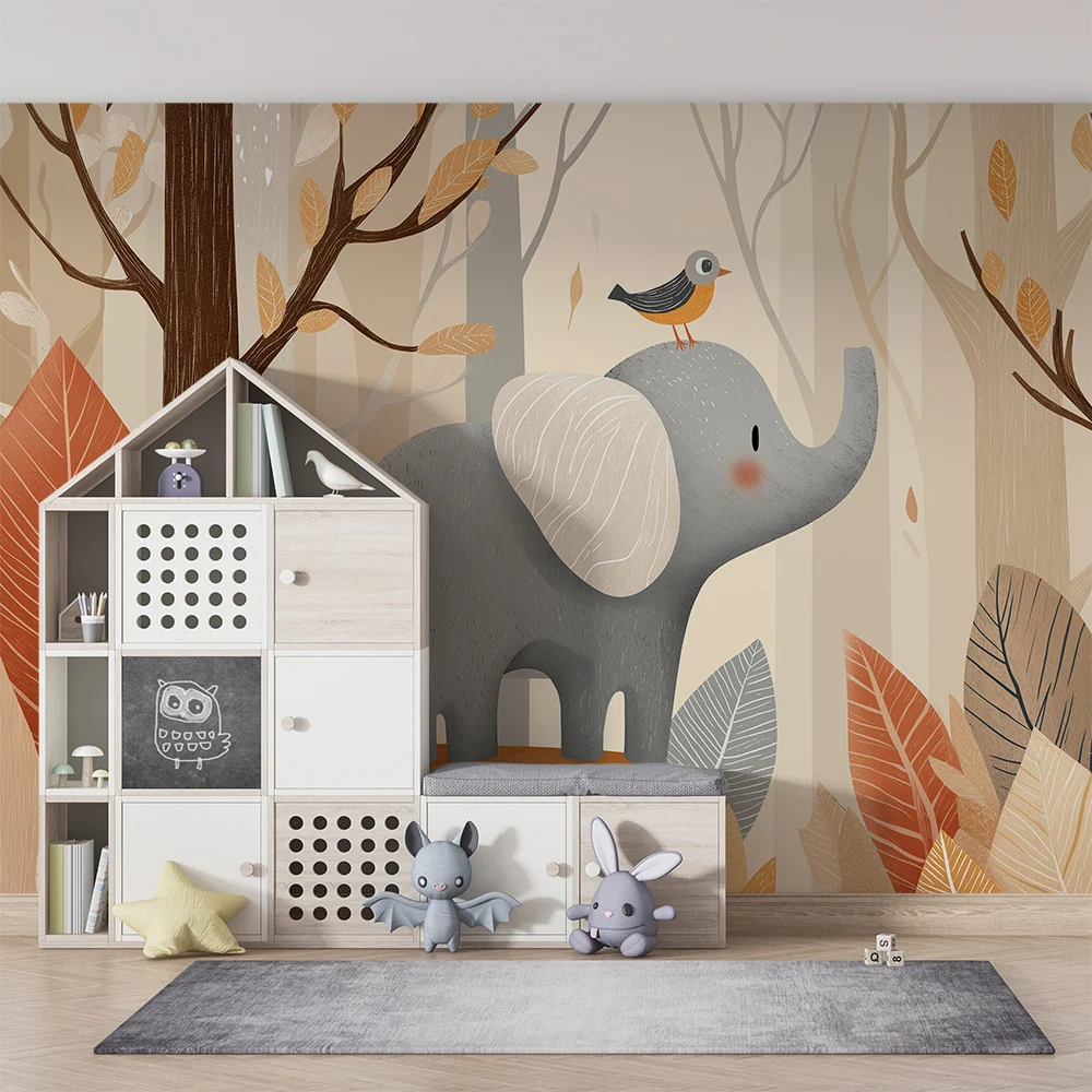 Papel de parede quarto bebê | Elefante elegante e pássaro em uma floresta tranquila