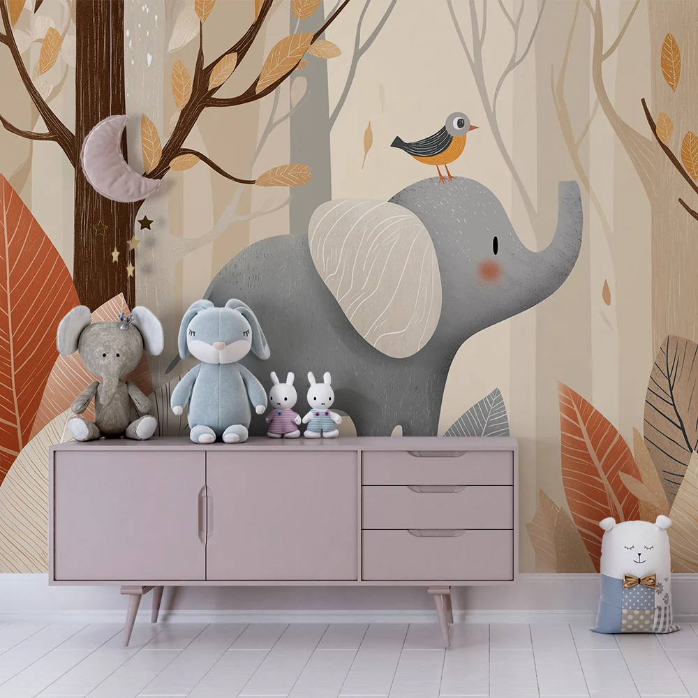 Papel de parede quarto bebê | Elefante elegante e pássaro em uma floresta tranquila
