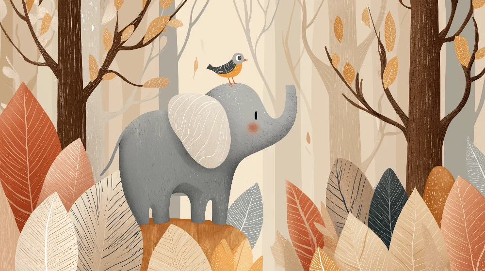 Papel de parede quarto bebê | Elefante elegante e pássaro em uma floresta tranquila