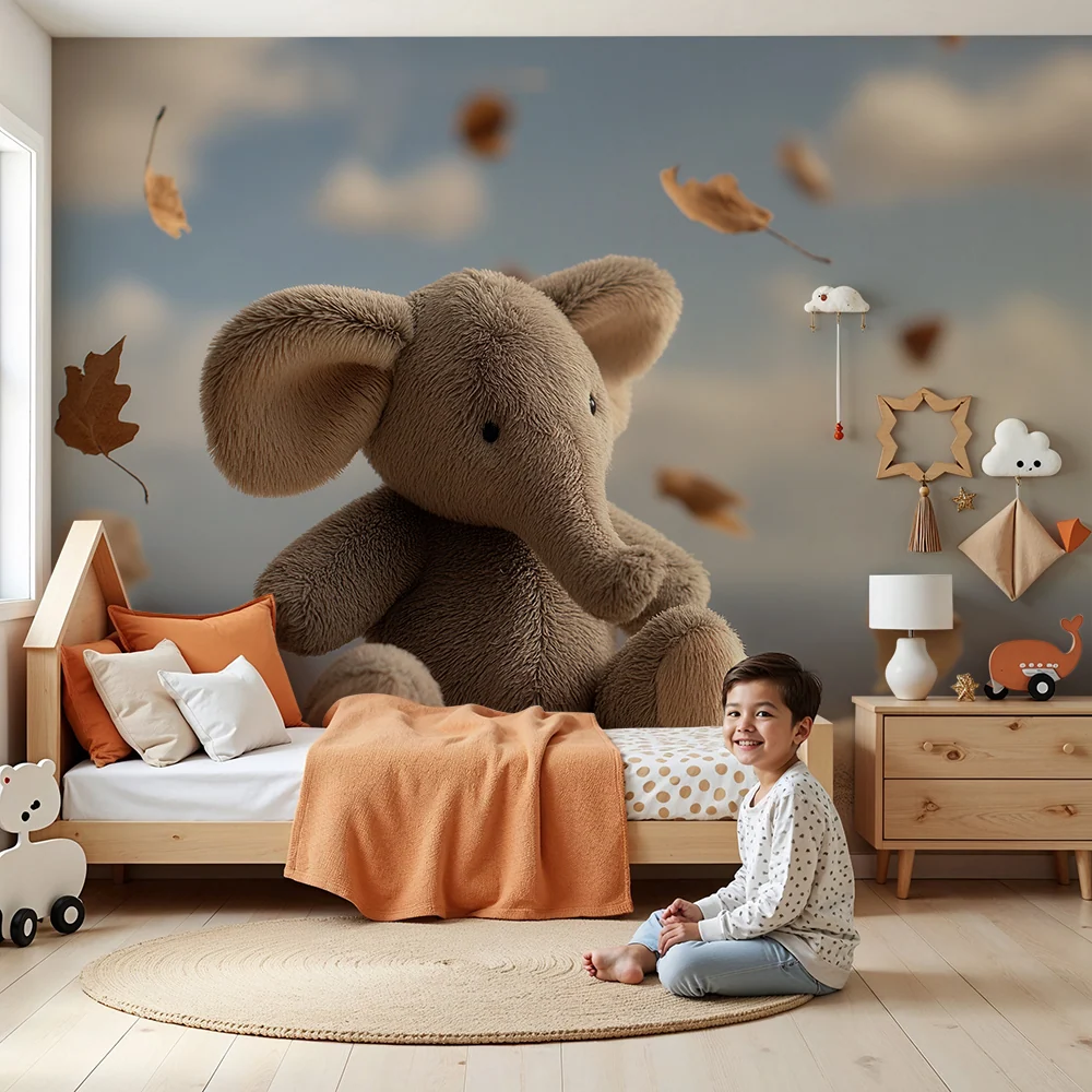 Papel de parede quarto bebê | Elefante de pelúcia e folhas de outono