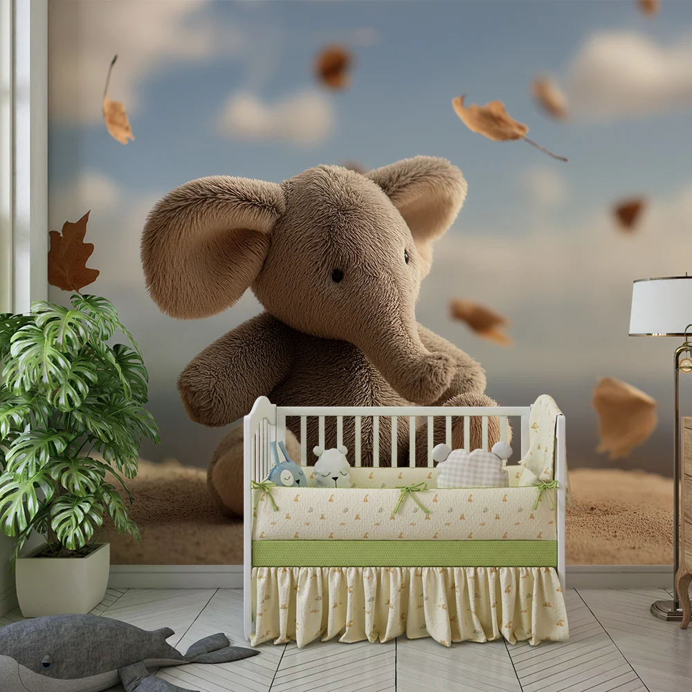 Papel de parede quarto bebê | Elefante de pelúcia e folhas de outono