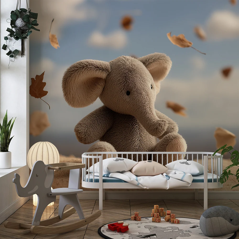 Papel de parede quarto bebê | Elefante de pelúcia e folhas de outono