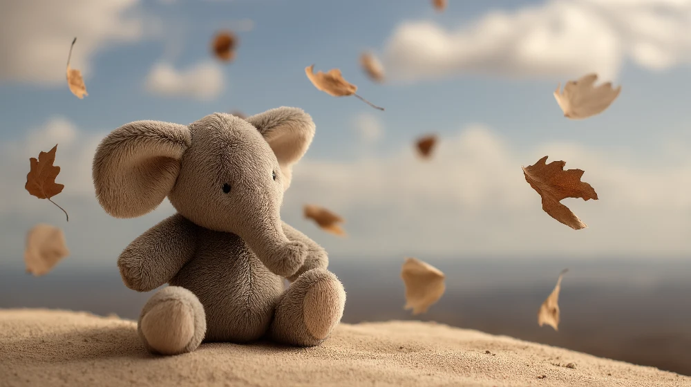 Papel de parede quarto bebê | Elefante de pelúcia e folhas de outono