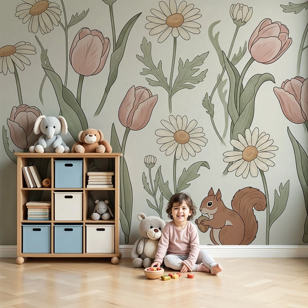 Papel de parede quarto bebê | Elemente florale delicate cu un veveriță jucausă