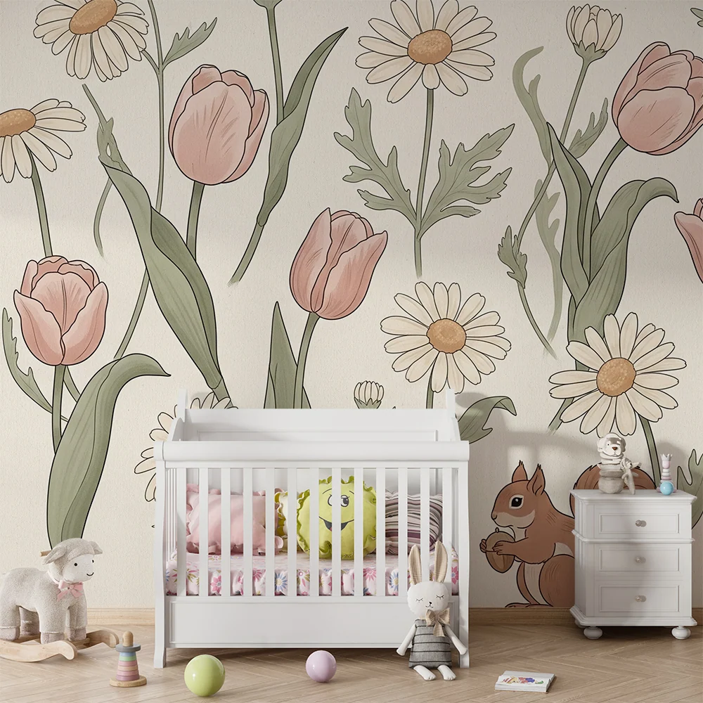 Papel de parede quarto bebê | Elemente florale delicate cu un veveriță jucausă