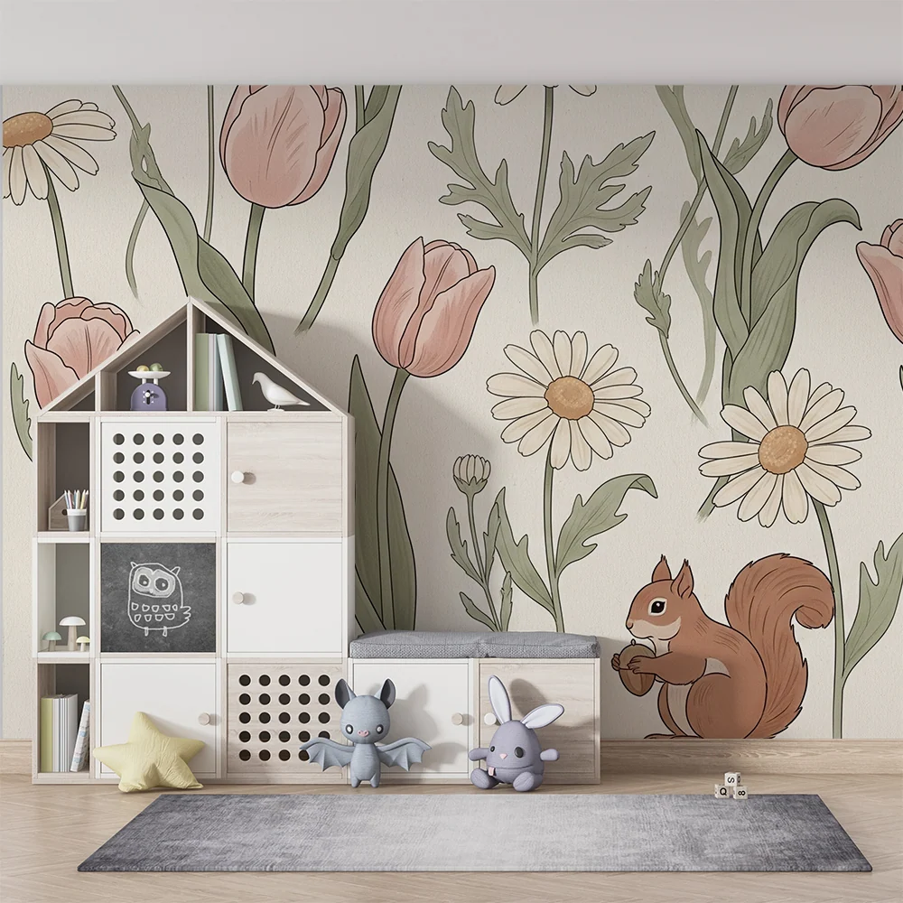 Papel de parede quarto bebê | Elemente florale delicate cu un veveriță jucausă