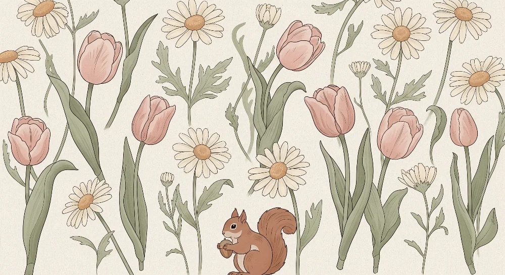 Papel de parede quarto bebê | Elemente florale delicate cu un veveriță jucausă