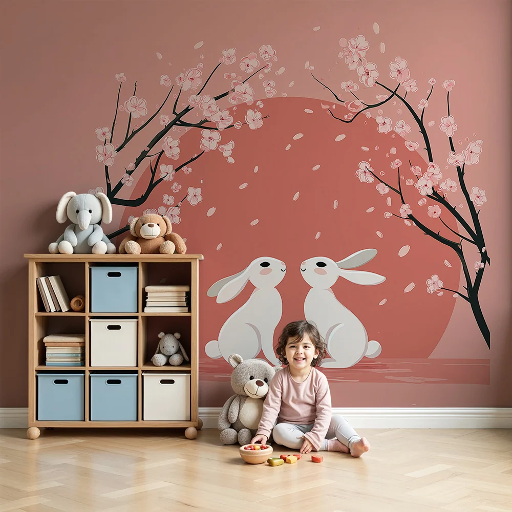 Papel de parede quarto bebê | Iepurași drăguți sub cireșii înfloriți