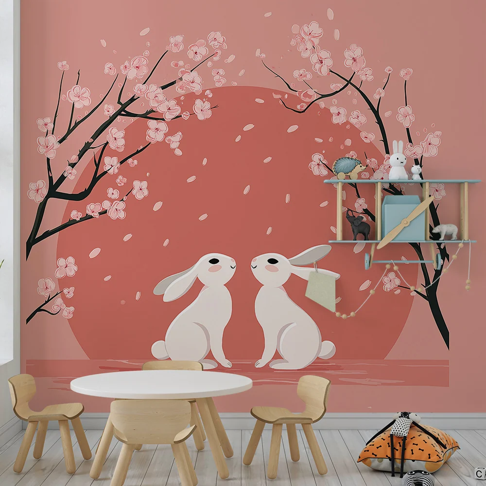 Papel de parede quarto bebê | Iepurași drăguți sub cireșii înfloriți