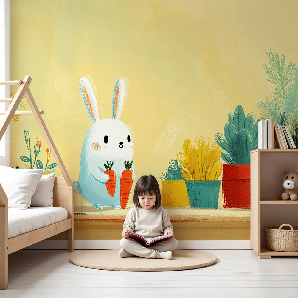Papel de parede quarto bebê | Iepure drăguț cu morcovi și plante colorate