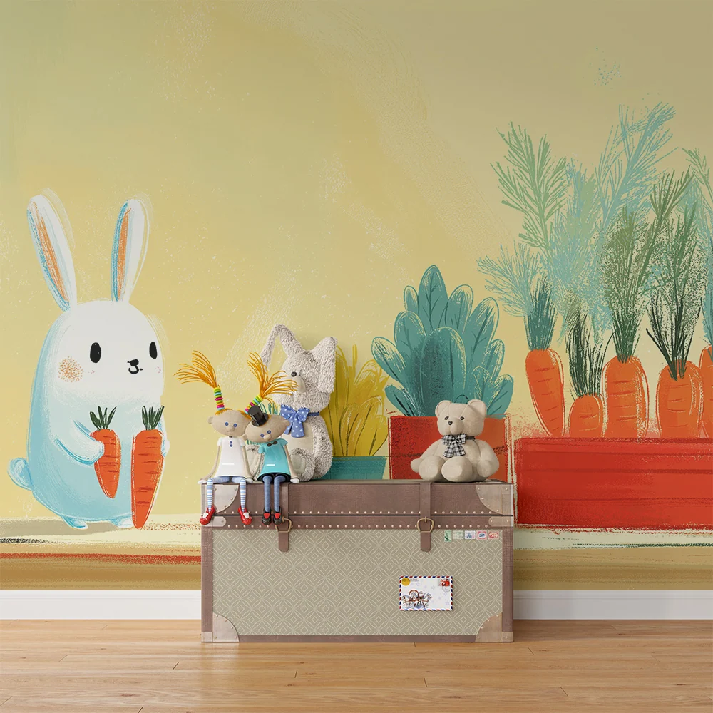 Papel de parede quarto bebê | Iepure drăguț cu morcovi și plante colorate