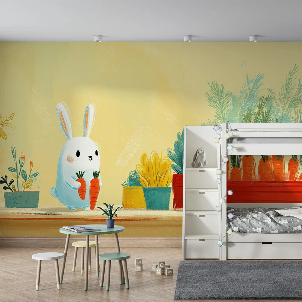 Papel de parede quarto bebê | Iepure drăguț cu morcovi și plante colorate
