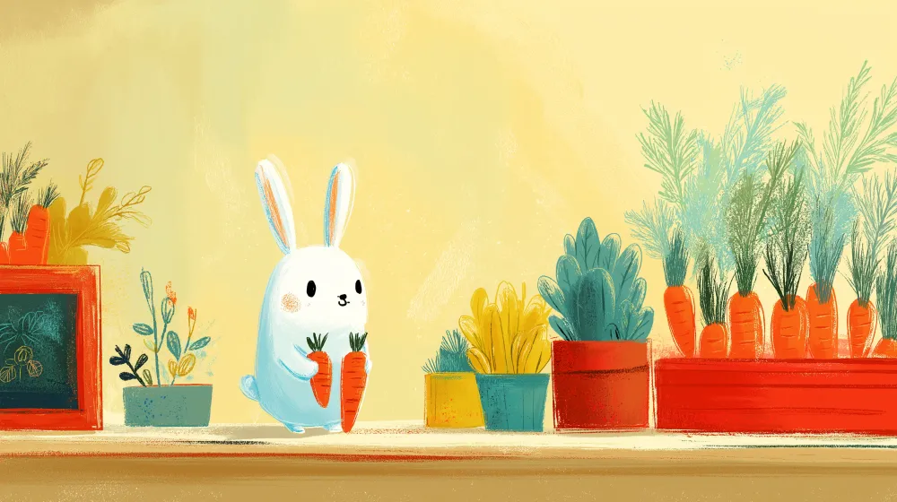 Papel de parede quarto bebê | Iepure drăguț cu morcovi și plante colorate