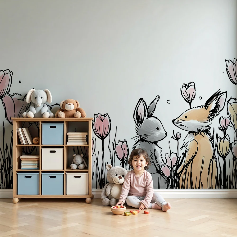 Papel de parede quarto bebê | Iepuri și flori delicate într-o grădină fermecată