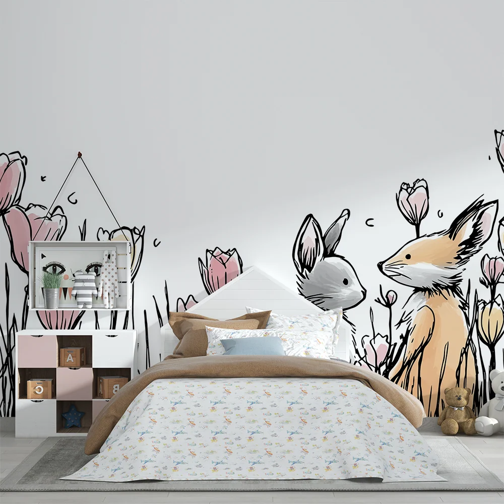 Papel de parede quarto bebê | Iepuri și flori delicate într-o grădină fermecată