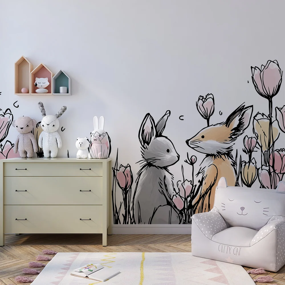 Papel de parede quarto bebê | Iepuri și flori delicate într-o grădină fermecată