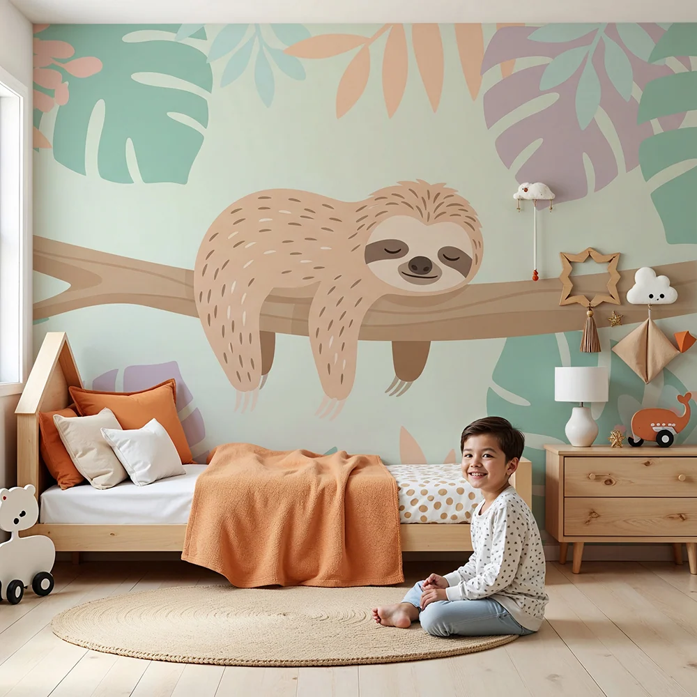 Papel de parede quarto bebê | Leneș adormit pe o ramură înconjurat de frunziș tropical