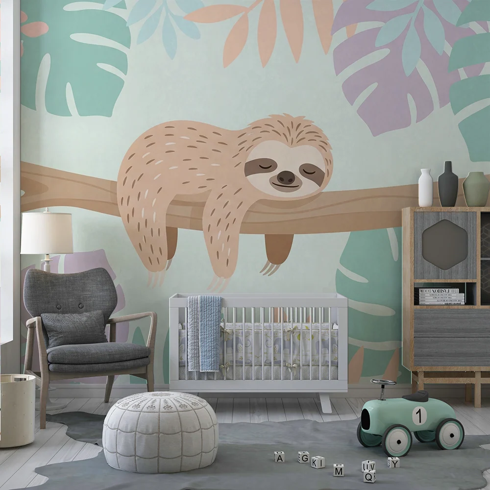 Papel de parede quarto bebê | Leneș adormit pe o ramură înconjurat de frunziș tropical