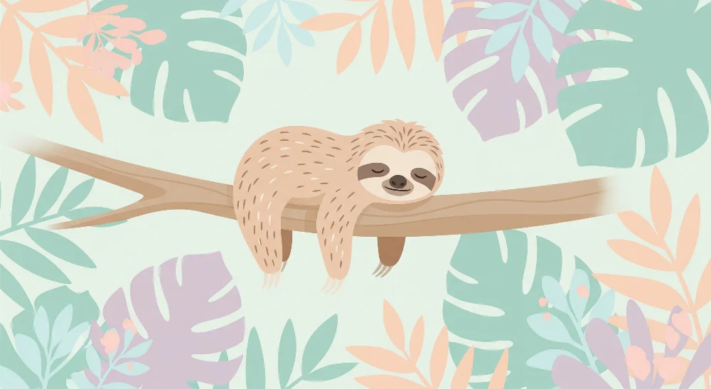 Papel de parede quarto bebê | Leneș adormit pe o ramură înconjurat de frunziș tropical