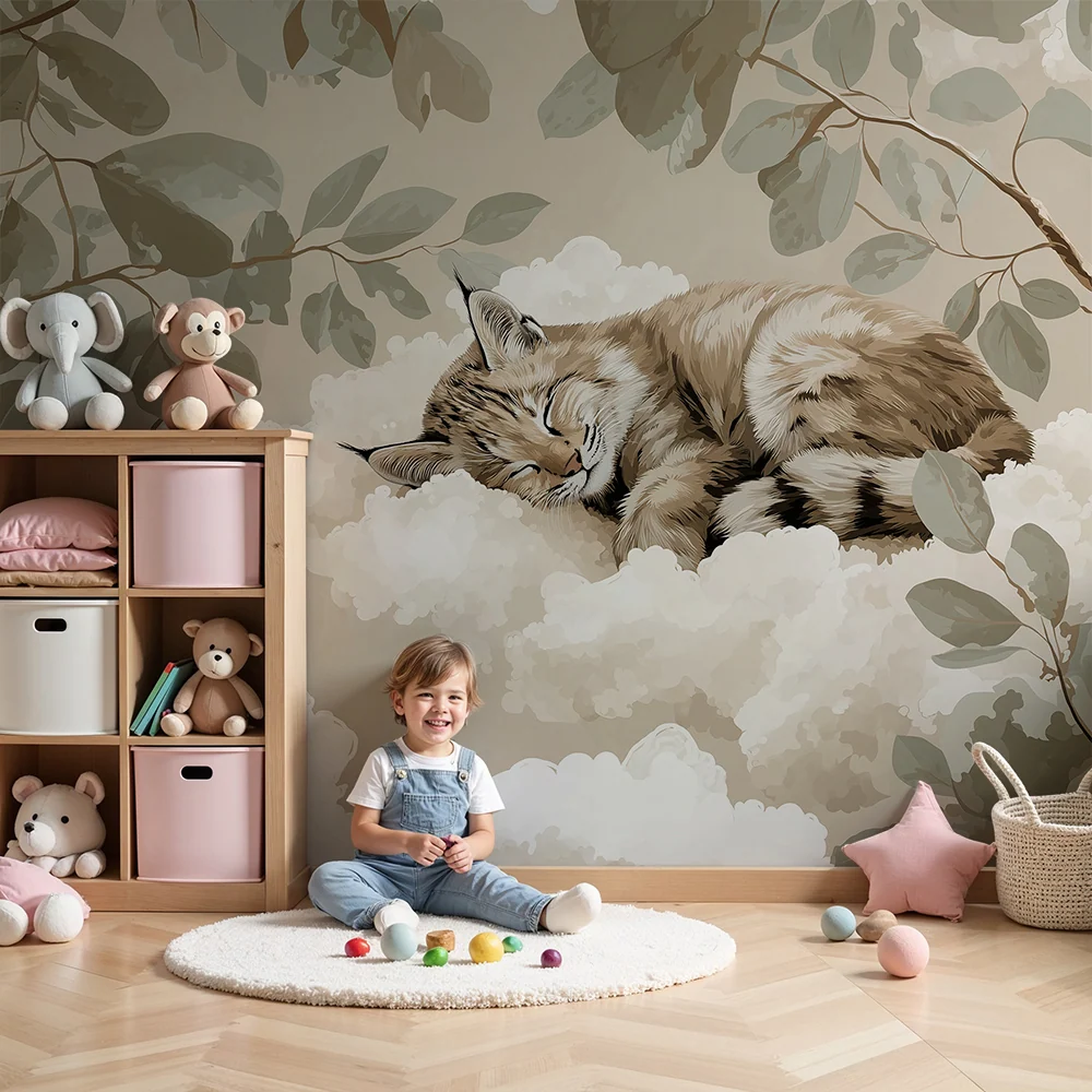 Papel de parede quarto bebê | Micul lince adormit pe nori moi