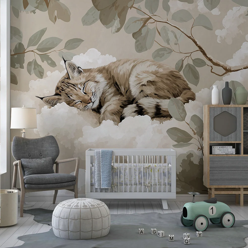 Papel de parede quarto bebê | Micul lince adormit pe nori moi