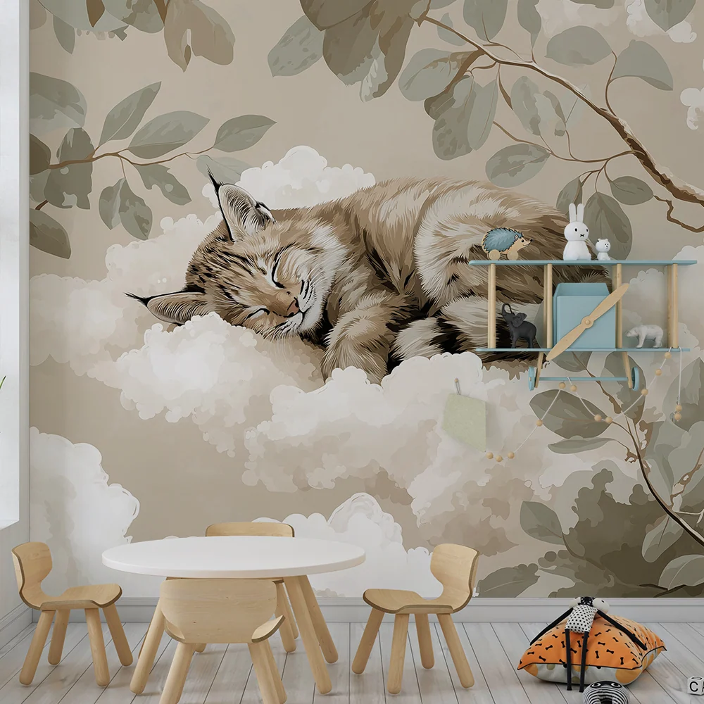 Papel de parede quarto bebê | Micul lince adormit pe nori moi