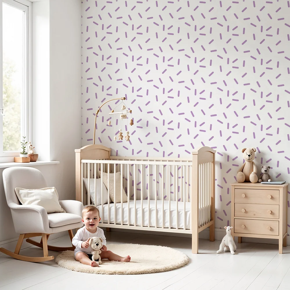 Papel de parede quarto bebê | Model delicat de linii mov pe fond alb