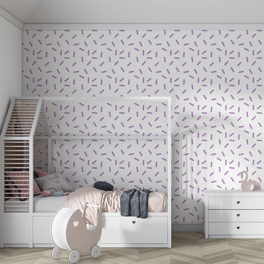 Papel de parede quarto bebê | Model delicat de linii mov pe fond alb
