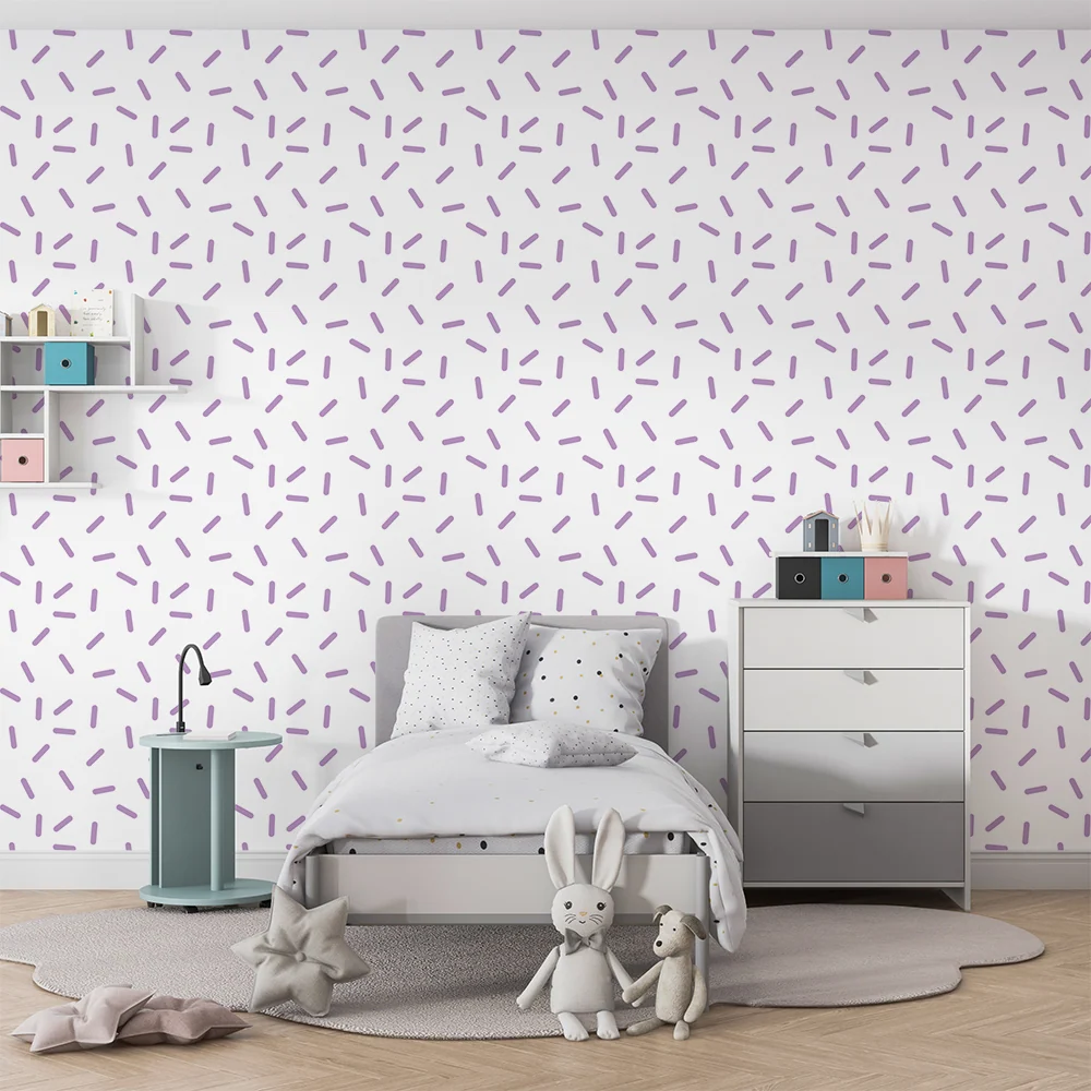 Papel de parede quarto bebê | Model delicat de linii mov pe fond alb