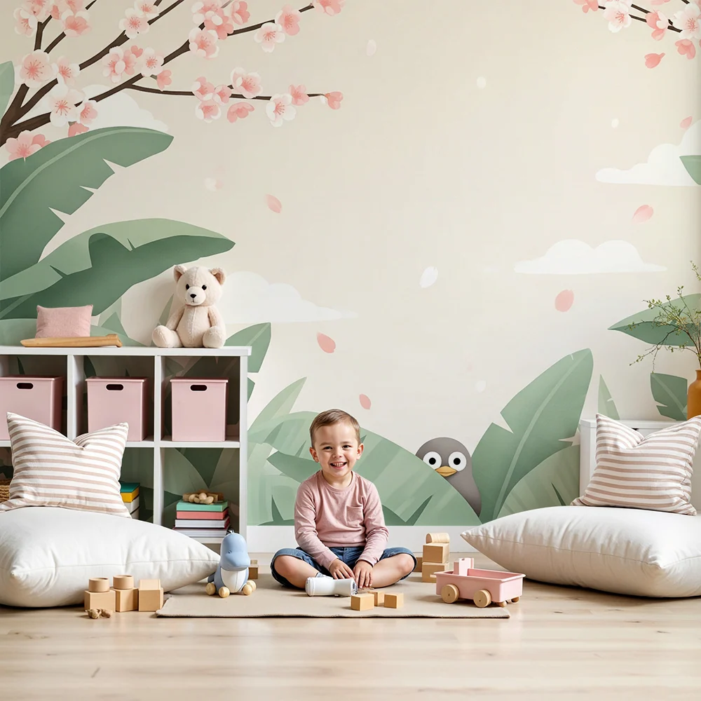Papel de parede quarto bebê | Pasăre curioasă într-o grădină înflorită