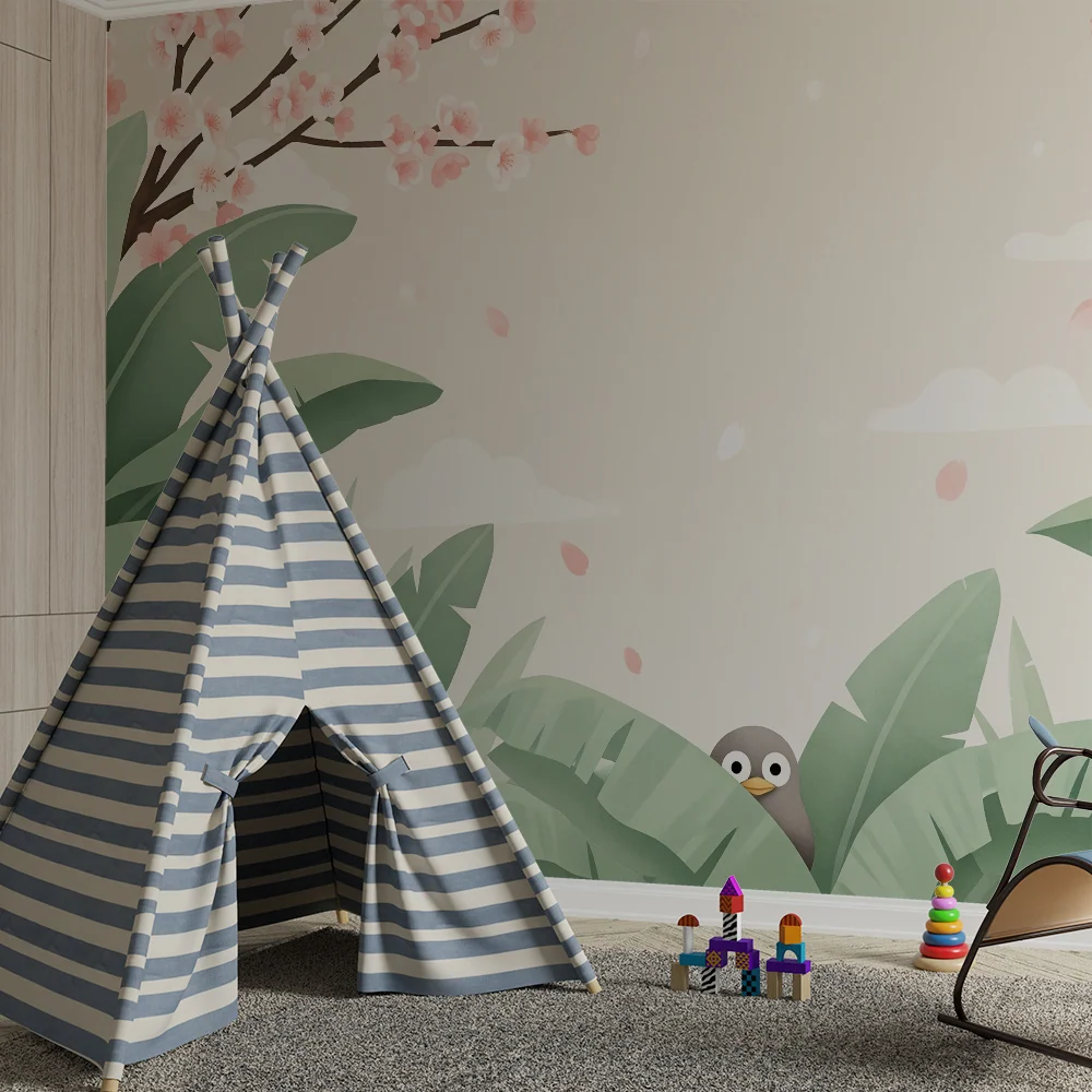 Papel de parede quarto bebê | Pasăre curioasă într-o grădină înflorită