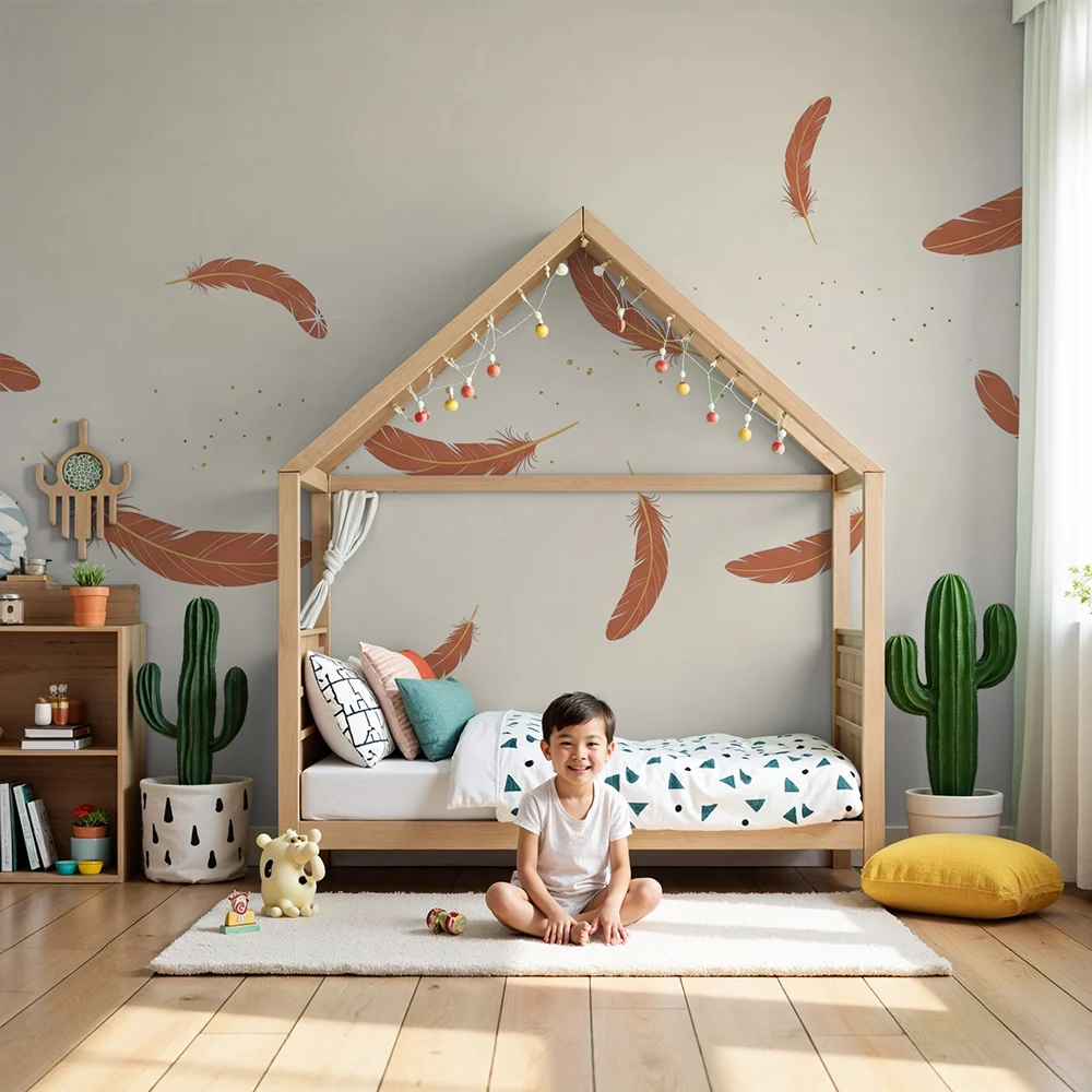 Papel de parede quarto bebê | Pene delicate și străluciri aurii pe fundal moale