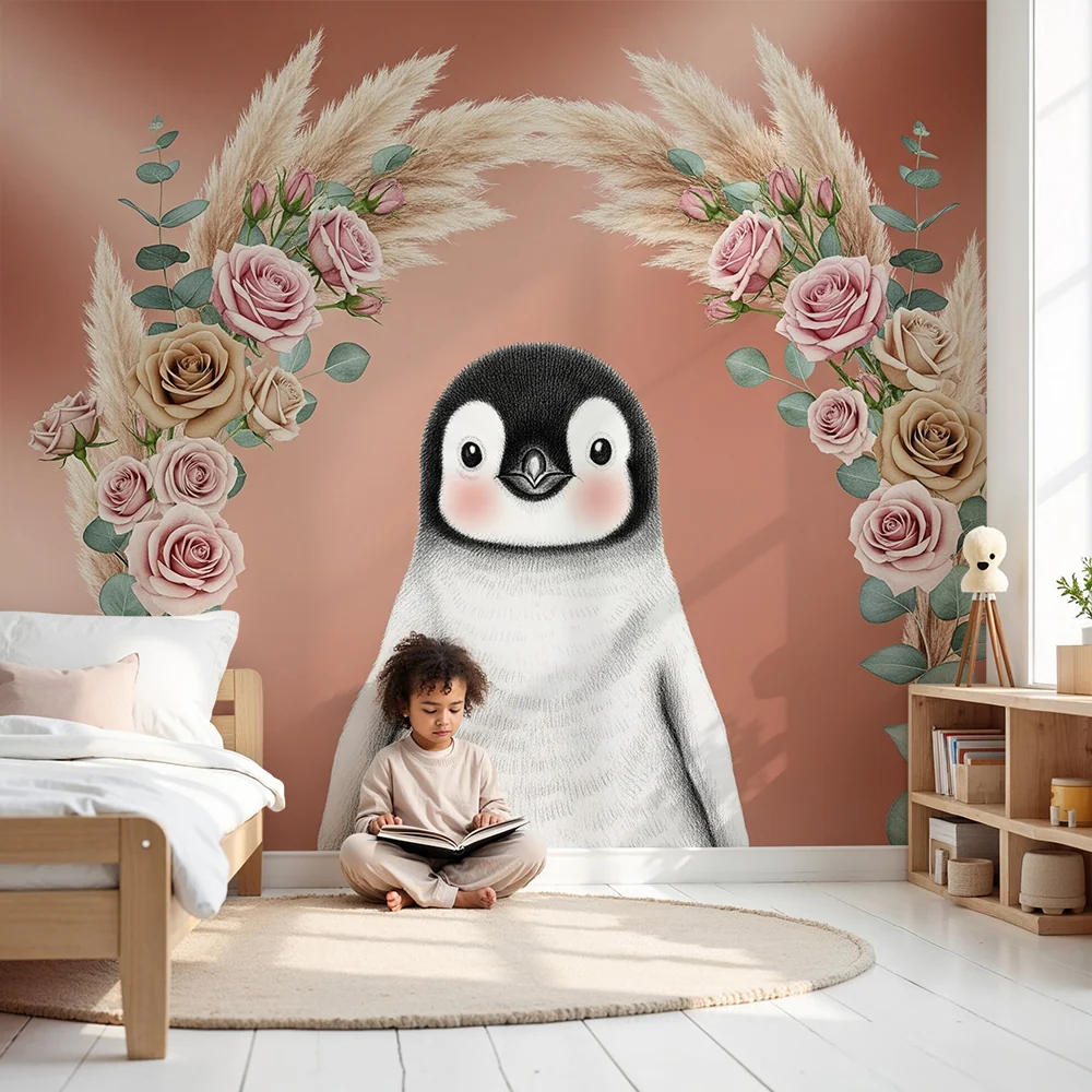 Papel de parede quarto bebê | Pingüim adorável e flores delicadas