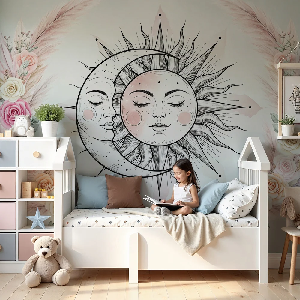 Papel de parede quarto bebê | Soarele și luna înconjurate de flori