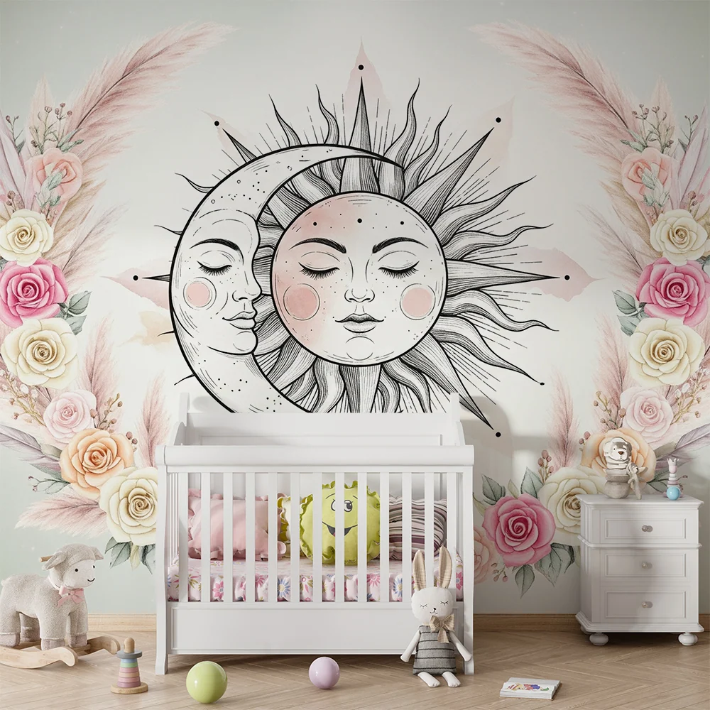 Papel de parede quarto bebê | Soarele și luna înconjurate de flori