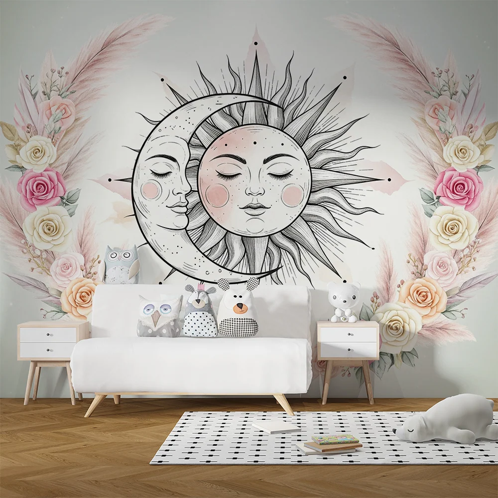Papel de parede quarto bebê | Soarele și luna înconjurate de flori