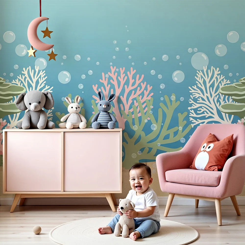 Papel de parede quarto bebê | Submarin magic cu corali colorați
