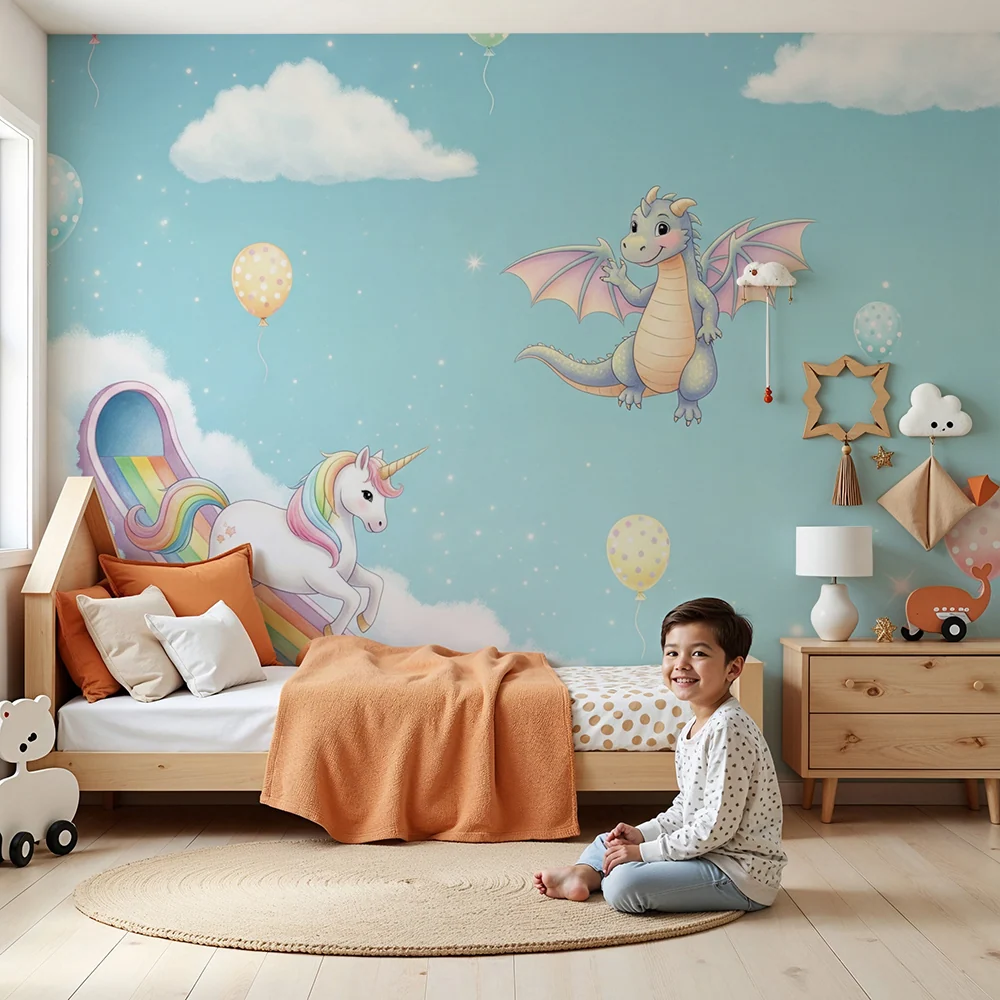 Papel de parede quarto bebê | Unicorn și dragon într-un cer încântat