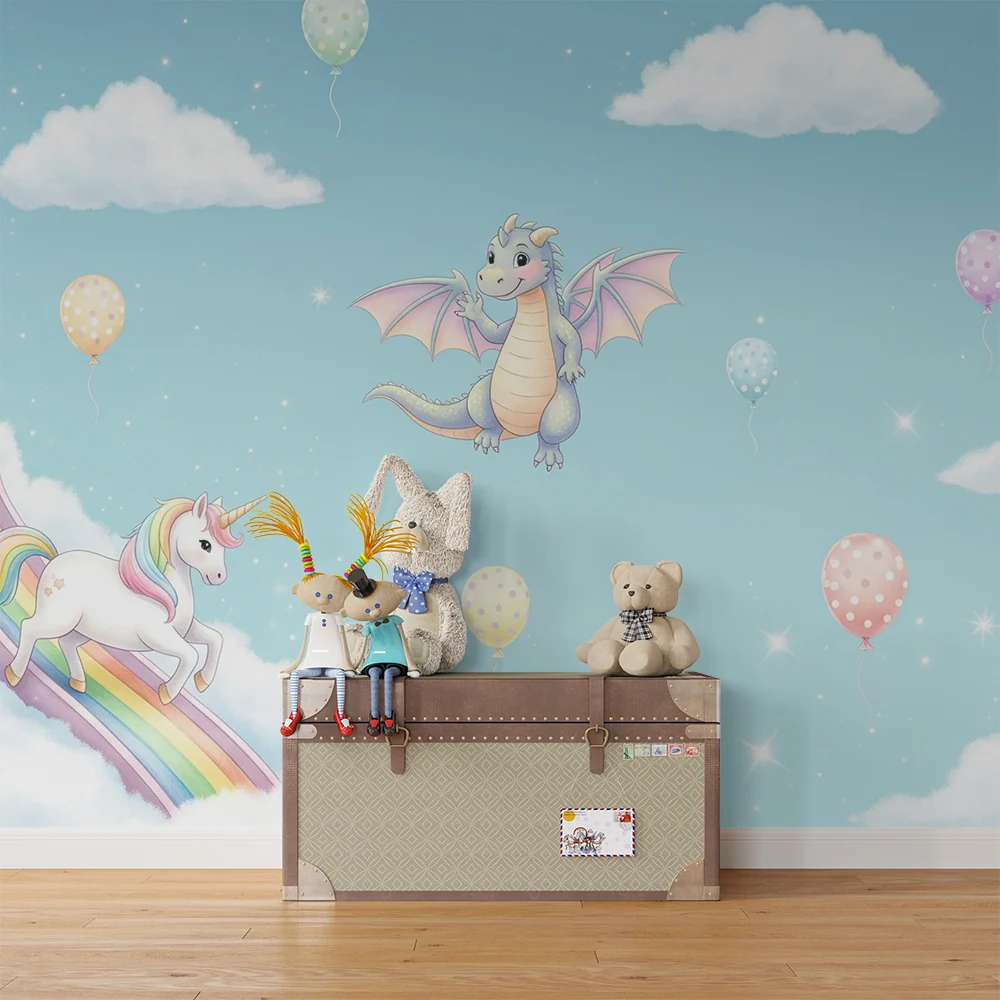 Papel de parede quarto bebê | Unicorn și dragon într-un cer încântat